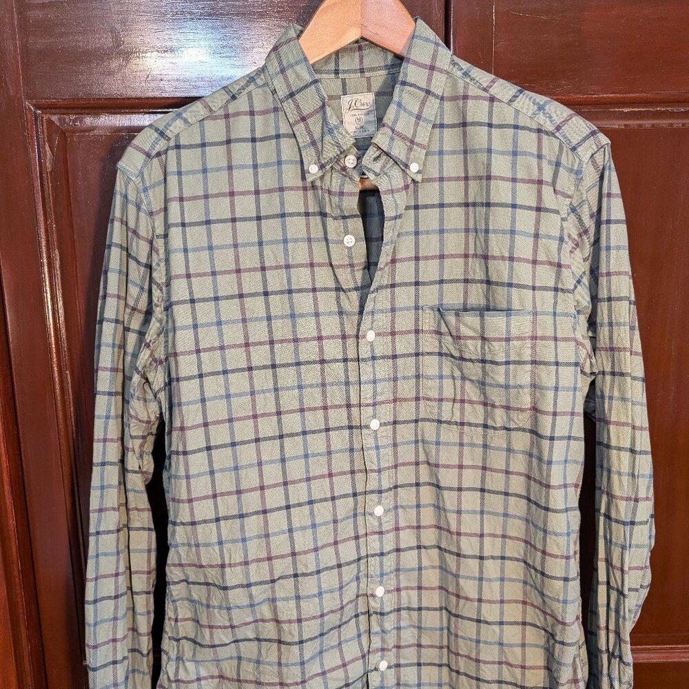 J Crew 100% Cotton Oxford Green Plaid Shirt - M Slim